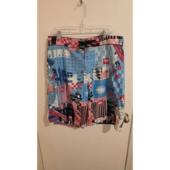 Quicksilver Board Shorts Mens 36 Blue Pink Cargo Geometric Polyester Vintage EUC - Picture 1 of 14